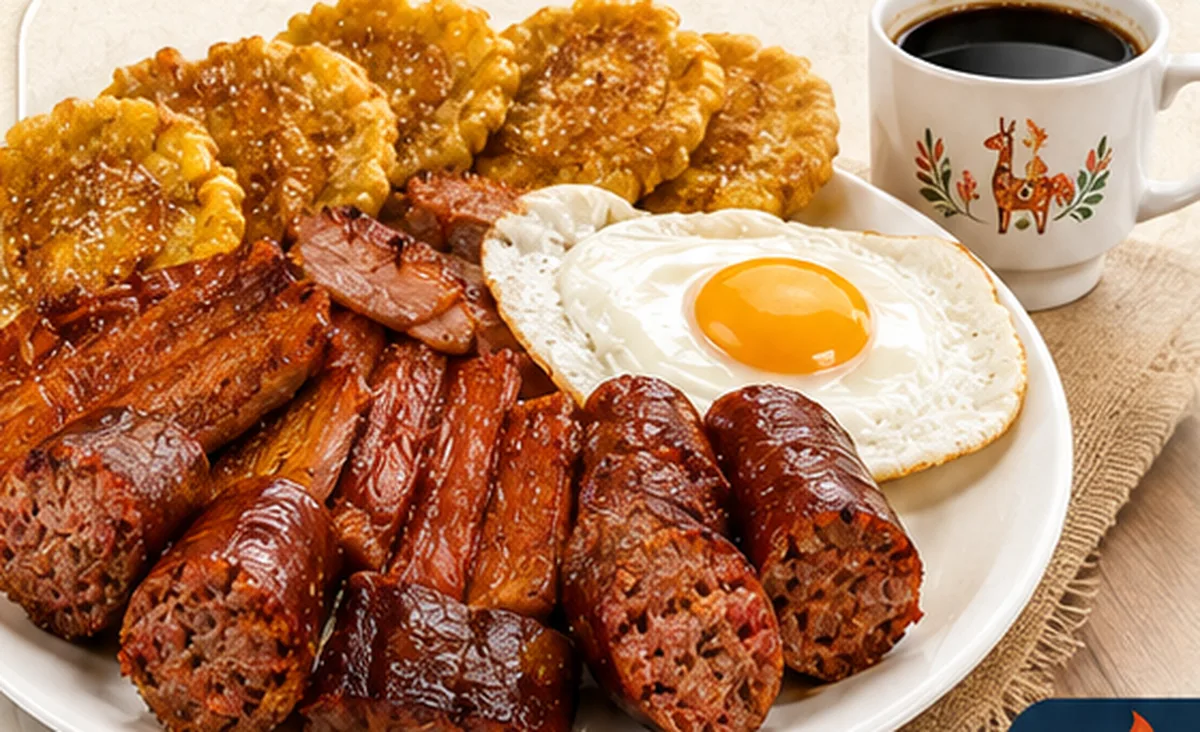 Plato del Desayuno Fuego Amazónico: cecina ahumada, chorizo regional, huevo frito, patacones y una taza de café